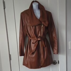 IMAN Brown Real Leather Women's Jacket with Shawl Collar